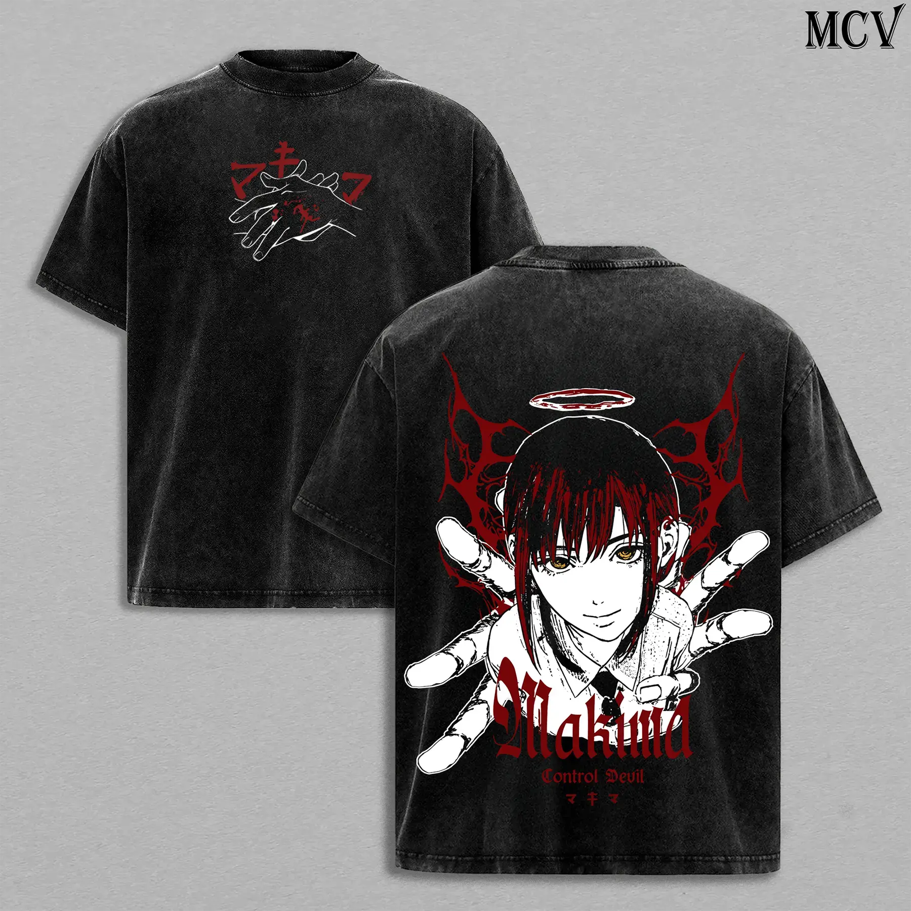 Men's Makima Chainsaw Man Casual Classic Short-Sleeve Tee - Vintage Washed Oversized Heavy Cotton Seamless Ribbed Unisex Anime Graphic Streetwear Top for Fans, Shortsleeve