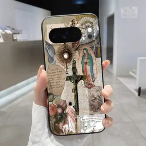 Rounded Edge TPU Phone Case for Google Pixel 10Pro XL 9A 8 7 Fashion Religious Collage Pattern Drop Protection Shockproof Soft Liquid Silicone Smartphone Cover