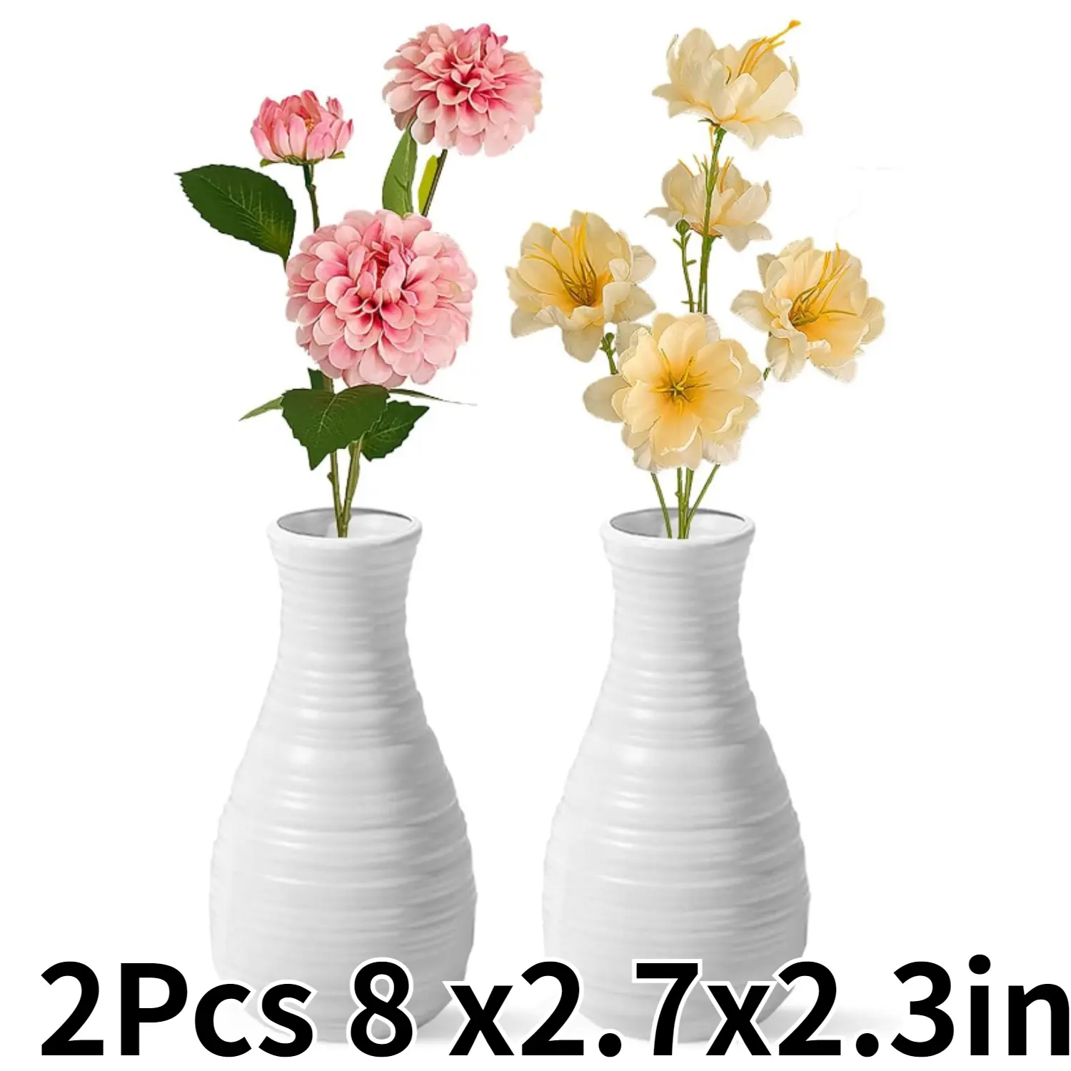 2-Pack 8x2.7in Composite Plastic Decorative Flower Vases - Unbreakable Ceramic-Look Home Decor Accessory, Home Supplies for All Seasons Holiday Centerpieces, Artificial Flowers Interior Vases