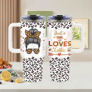 1pc 40oz Leopard Print Tumbler with Handle & Lid - Double-Wall Insulated Stainless Steel Coffee Mug for Women, Cute "Just a Who Loves Coffee" Design, Leakproof Travel Cup with Fashion Glasses & Hearts