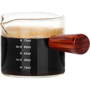 Double Spouts Measuring Triple Pitcher Milk Cup with Wood Handle 75ML Espresso Shot Glasses Parts Clear Glass