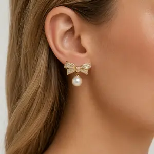 Tewiky Gold Bow Pearl Drop Earrings for Women Sparkly Bow Ribbon Studs Dainty Jewelry for Wedding Party Gift