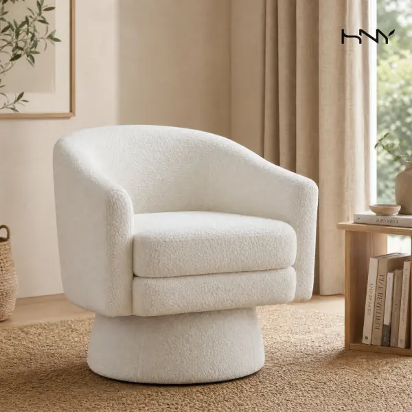 HNY Modern Swivel Accent bucket Chair  – White Boucle Sherpa Round Back Barrel Armchairs,Cardi Chair for Living Room, Bedroom, Vanity, Lounge & Reading summerwins