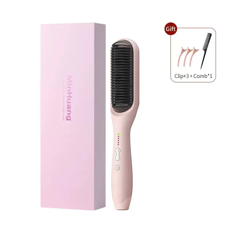 Professional Hair Straightening Brush - 60s Fast Heat Up, 5 Heat Settings for All Hair Types, Worldwide Dual Voltage, Auto Shut Off - Ideal Women's Gift (Anti-Scald, Pink) Straightener Smooth