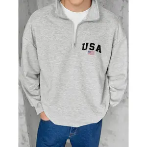 Men's Letter Print Drop Shoulder Half Zip Sweatshirt, Casual Loose Long Sleeve Collared Pullover for Fall & Winter, Men's Clothes for Daily Wear