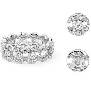 Synthetic Moissanite Ring for Women, Classic Round Cut Engagement Style Fashion Jewelry with a Pave Band, Female, Adults