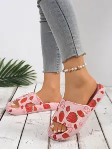 Women's Summer Thick Sole Non-Slip Comfort Slippers, Outdoor Casual Cool Sandals, Strawberry Color Butterfly Print, Eva Material, Slide
