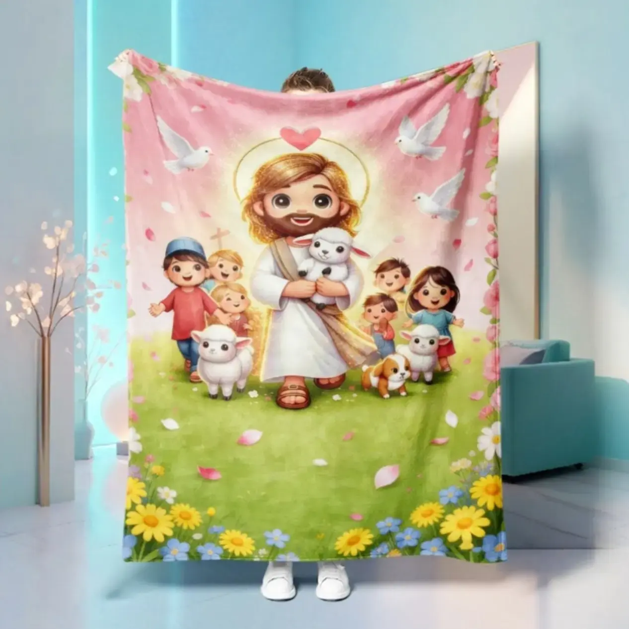 Sheep Jesus Pattern Flannel Blanket Soft Plush Fleece Throw Blanket Cozy Skin-Friendly Warm Lightweight Non-Shedding Bedspread For Sofa Couch Bedroom Living Room Home Bedding Movie Night Nap Blanket
