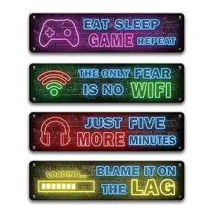4 Pcs Set Printed Neon Gaming Posters Metal Tin Signs, Teen Boys Room Decorations, Gamer Wall Art Decor for Bedroom