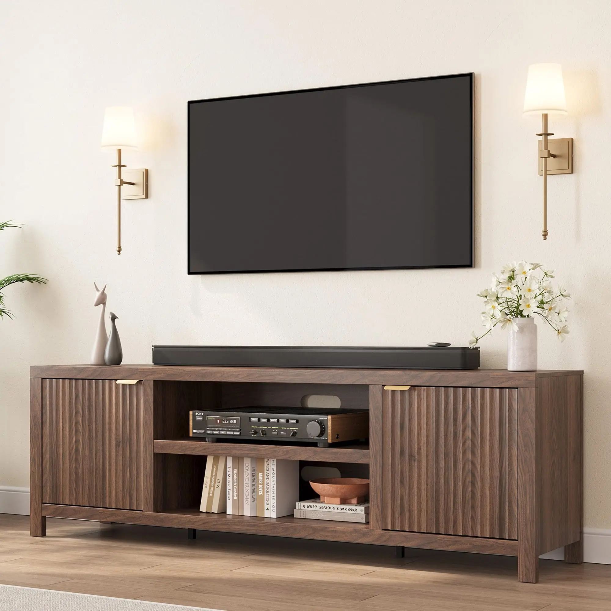 80 Inch Fluted TV Stand – Modern Entertainment Center – Wooden Media Console with Storage, Fluted Doors & Gold Handles – Natural Oak – For Living Room, Bedroom