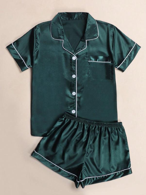 Satin Pajama Set - Women's Short Sleeve PJs for Lounging - Dark Green