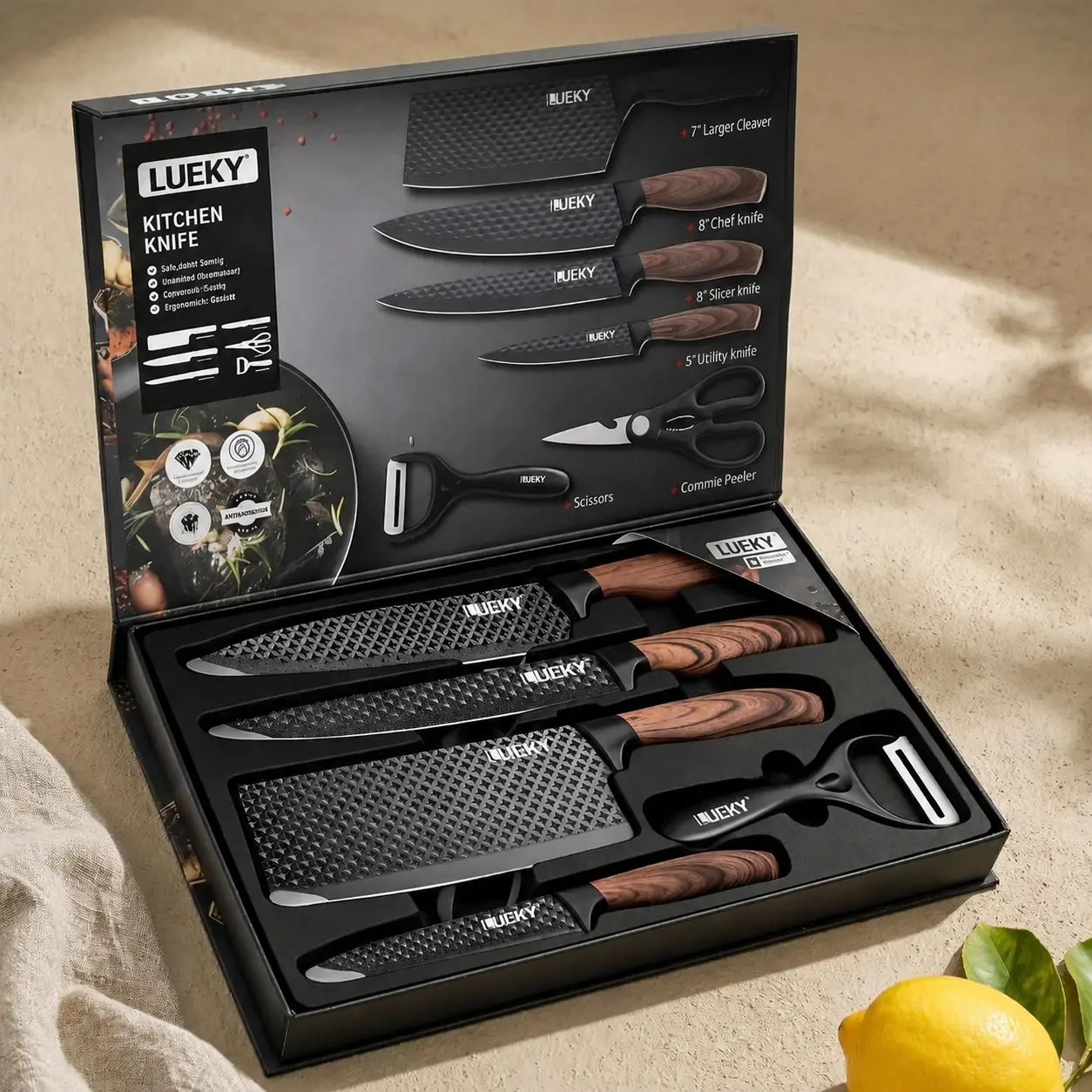 6-Piece Kitchen Knife Set, High Carbon Stainless Steel Chef Knife Anti-Stick Blades & Ergonomic Wood Grain Handle, Cleaver, Slicing Knife, Utility Knife, Scissors & Peeler, Sharp Kitchen Cutlery Set with Gift Box non-stick handmade fruit slice