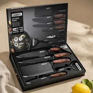 6-Piece Kitchen Knife Set, High Carbon Stainless Steel Chef Knife Set with Anti-Stick Blades & Ergonomic Wood Grain Handle, Includes Cleaver, Slicing Knife, Utility Knife, Scissors & Peeler, Sharp Kitchen Cutlery Set with Gift Box non-stick
