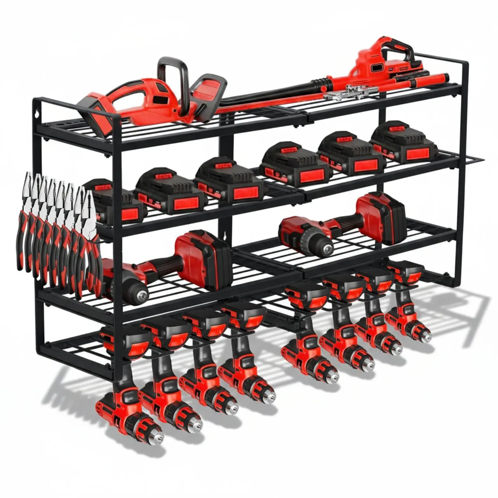 GARVEE Heavy Duty Wall Mount Tool Organizer Rack, 4-Tier Metal Garage Storage with 8 Drill Slots & Hooks, 240 Lbs Capacity Power Tool Organizer for Workshop, Garage, Gift for Men