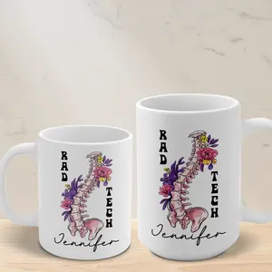 Personalized Radiology Mug - Flower Radiology X-ray Mug, 11oz or 15oz Ceramic Mug with Custom Name, Perfect Gift for Rad Tech Lovers - Drinkware