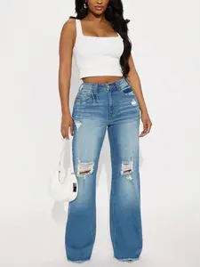 Coldwater Canyon Stretch Ripped Wide Leg Jeans - Medium Wash