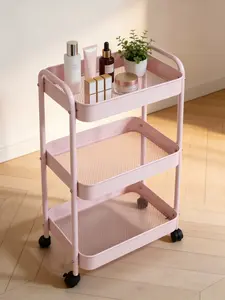 3-Tier Pink Metal Rolling Cart with Lockable Wheels – Multifunctional Storage Organizer for Kitchen, Bathroom, Office & Baby Essentials