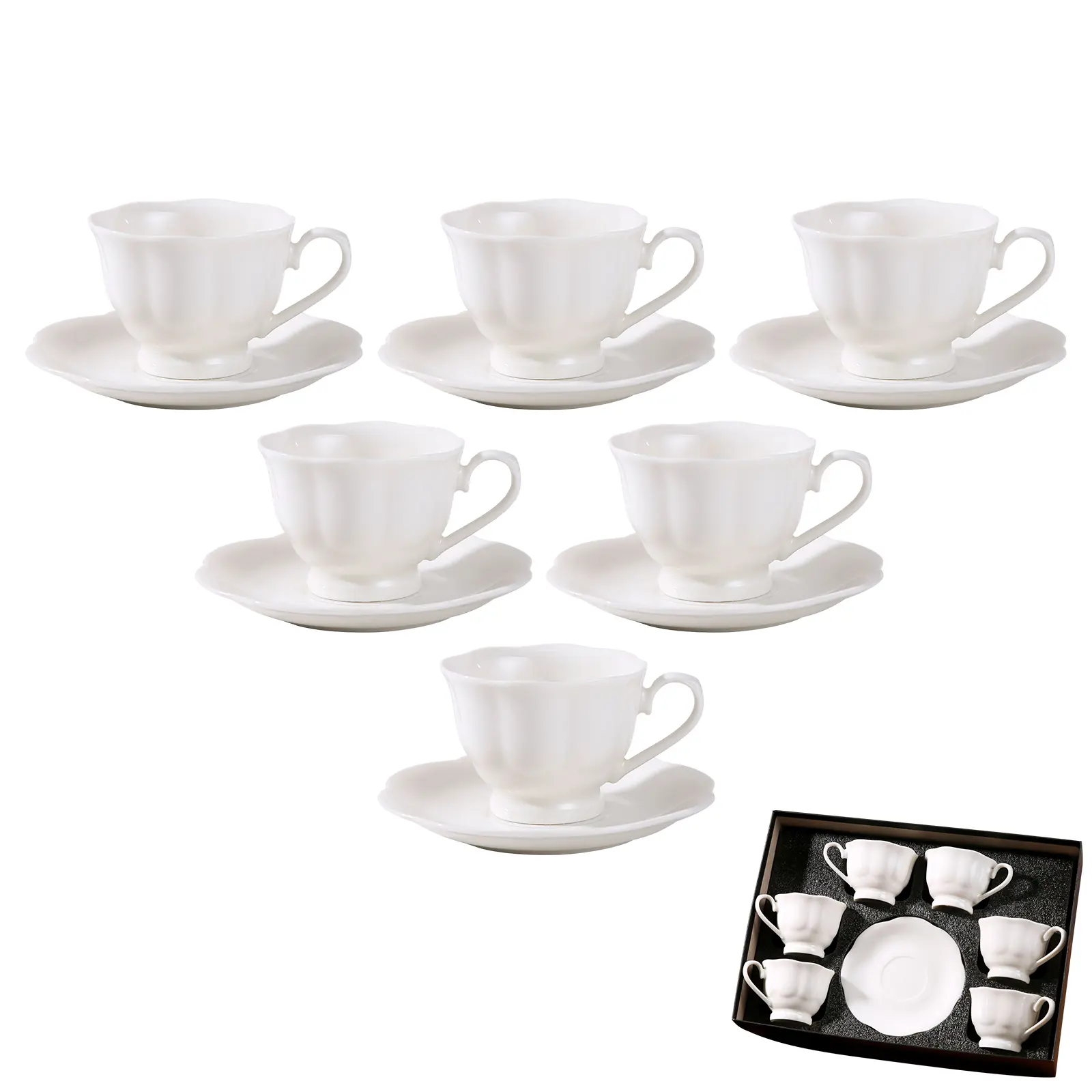 Retro European Classic Ceramic Teacup and Saucer Set, 6-Piece 2.87oz Drinkware for Cappuccino, Latte, White Kitchenware