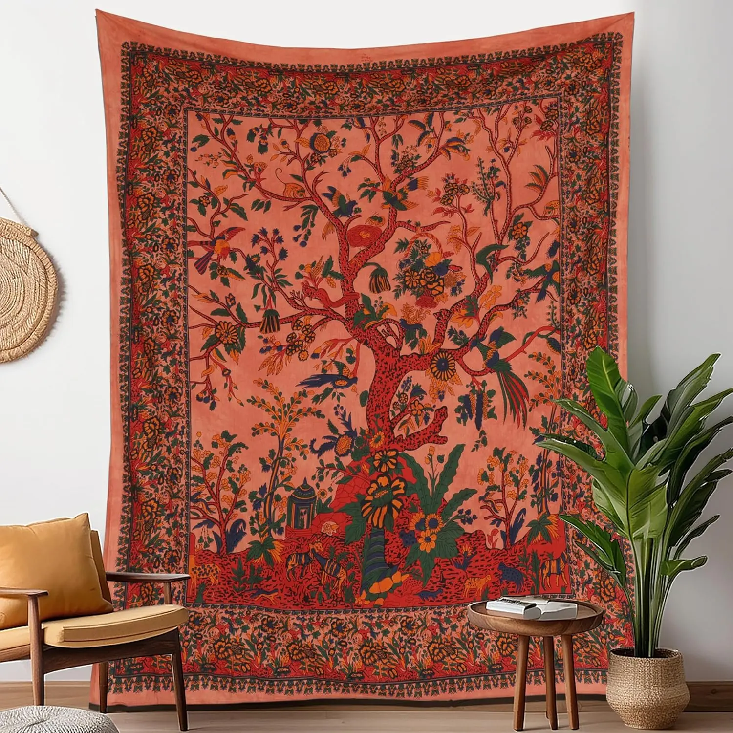 Craft Trade Indian Cotton Mandala Wall Hanging Tree of Life Tapestry for Aesthetic Boho Hippie Living Room, Meditation & Bedroom Décor (Orange, 30x40 Inches)
