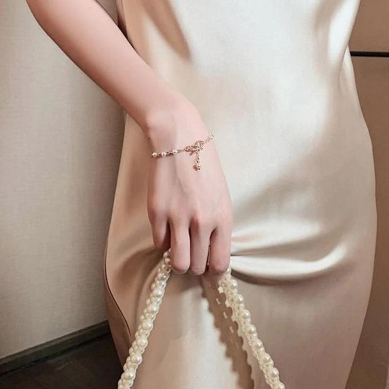 Sweet Lolita Crystal Bow Charm Pearl Beaded Bow Bracelet For Women Jewe Hot