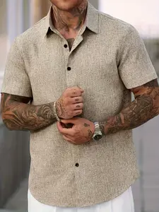 Men's Linen Solid Color Button-Down Short Sleeve Shirt, Casual Loose Fitted, Casual Party Shirt Summer Commute Wear, Perfect for Outdoor Activities