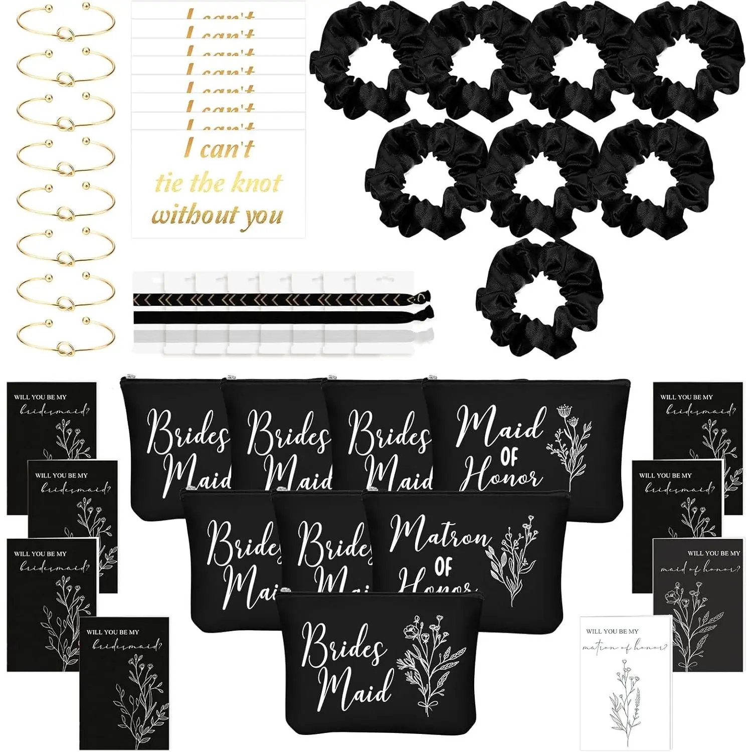 Bridesmaid Proposal Box Bulk - 48 Pcs (8 Proposal Sets) Packaged Assortment Party Gifts with Makeup Bags, Scrunchies, Bracelets, Cards for Maid of Honor (Black)