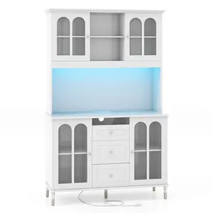COSTWAY - 73 Inch Kitchen Pantry Storage Cabinet Freestanding Buffet Cabinet with LED Lights-White