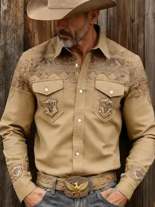 Men's Western Retro Style 3D Digital Print Button Long Sleeve Shirt, Deep Distressed Gradient, Casual Daily Wear