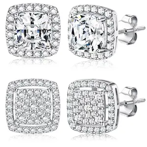 Men‘s Halo Stud Earrings, 925 Sterling Silver Posts Cubic Zirconia Stud Earrings, Round Square Diamonique Stud Earrings Set for Women Men