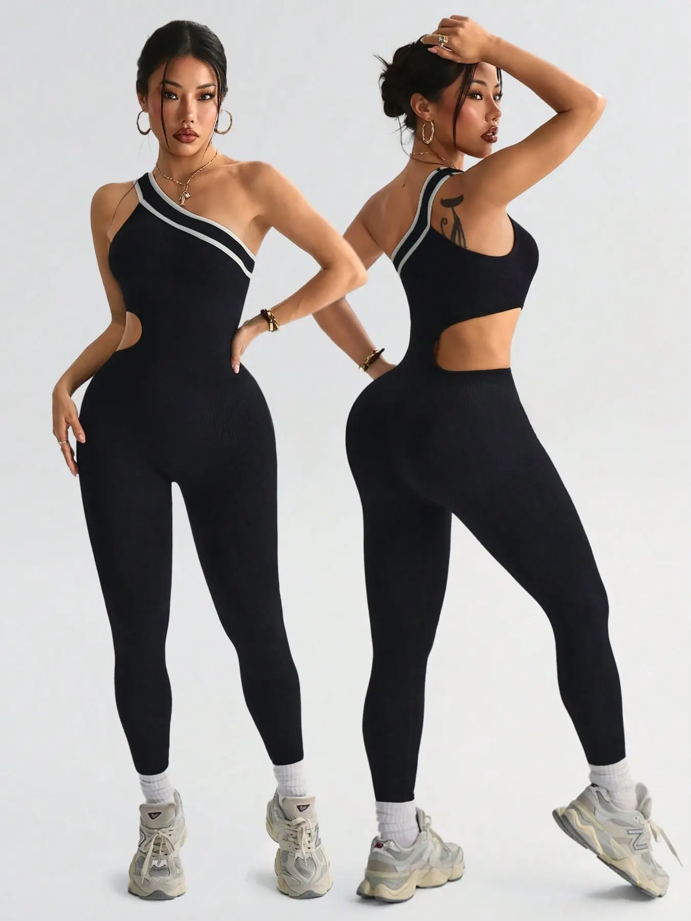 Women's Spring Summer One-Shoulder Colorblock Hollow Out Jumpsuit Pants, Cut Out Jumpsuit, Stretchy Jumpsuit, Yoga Workout Jumpsuits, High Stretch Comfort Moisture Wicking, Yoga Gym Outdoor Sports, Sporty Yoga Jumpsuit