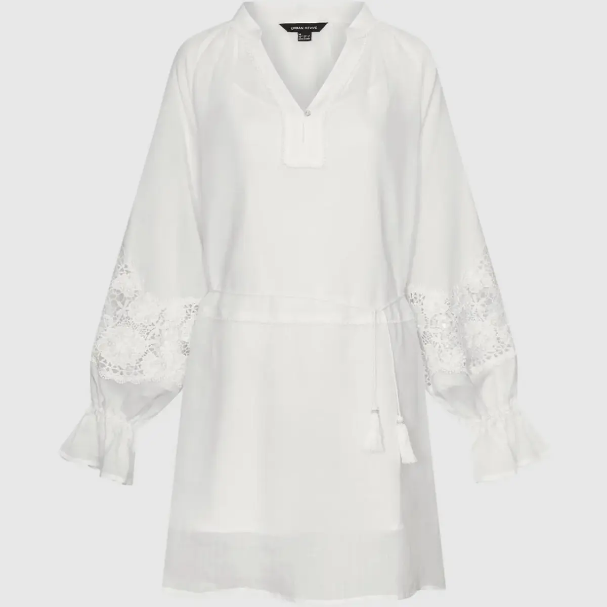 URBAN REVIVO Women's Minimalist V-Neck Casual Dress - Lightweight Ramie-Lyocell Blend, Lace Cutout Raglan Long Sleeves