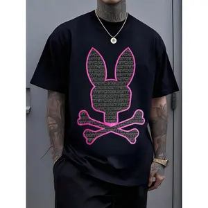 And Crossbones Surrounded By 'Psychobunny' Text T Shirt, Unique Edgy Motif Adds A Rebellious Touch To Your Look 100% Cotton Men'S Streetwear Style