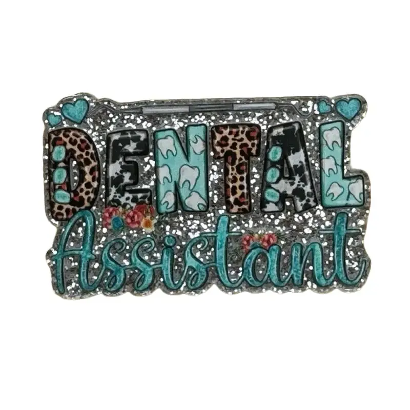 Acrylic Add On for Badge Reel - Personalized "Dental Assistant" Design with Leopard Print & Glitter Accents - Velcro Adhesive for Easy Swapping supplier
