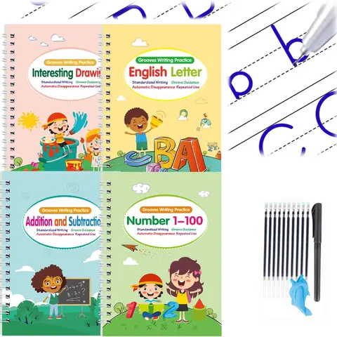 WTADAY Strong Thick Reusable Handwriting Practice Kit (Set of 4) - Magic Ink Fades in 10 Mins, 1 Cartoon Pen, 6 Refills, Safe Silicone Pen Grip, Elementary School Bundle, Teaching Supplies, Learning Tool for Kids' Fine Motor Skills