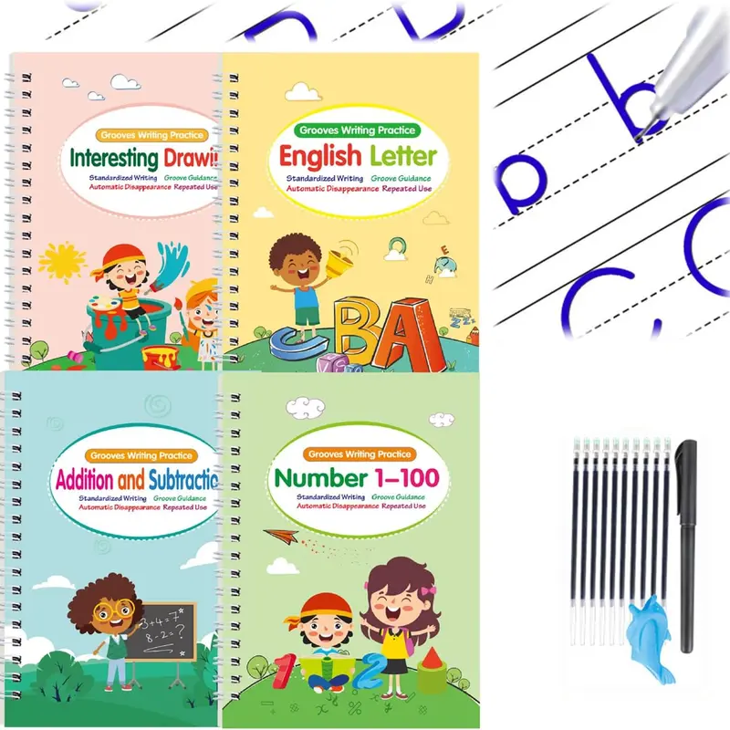 WTADAY Strong Thick Reusable Handwriting Practice Kit (Set of 4) - Magic Ink Fades in 10 Mins, 1 Cartoon Pen, 6 Refills, Safe Silicone Pen Grip, Elementary School Bundle, Teaching Supplies, Learning Tool for Kids' Fine Motor Skills