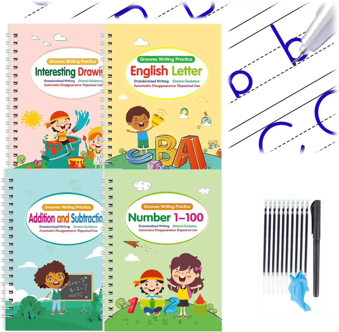 WTADAY Reusable Handwriting Practice Copybook Set with 4 Handwriting Practice Books, 1 Pen, 6 Pen Refills & 1 Pen Grip, School & Educational Supplies