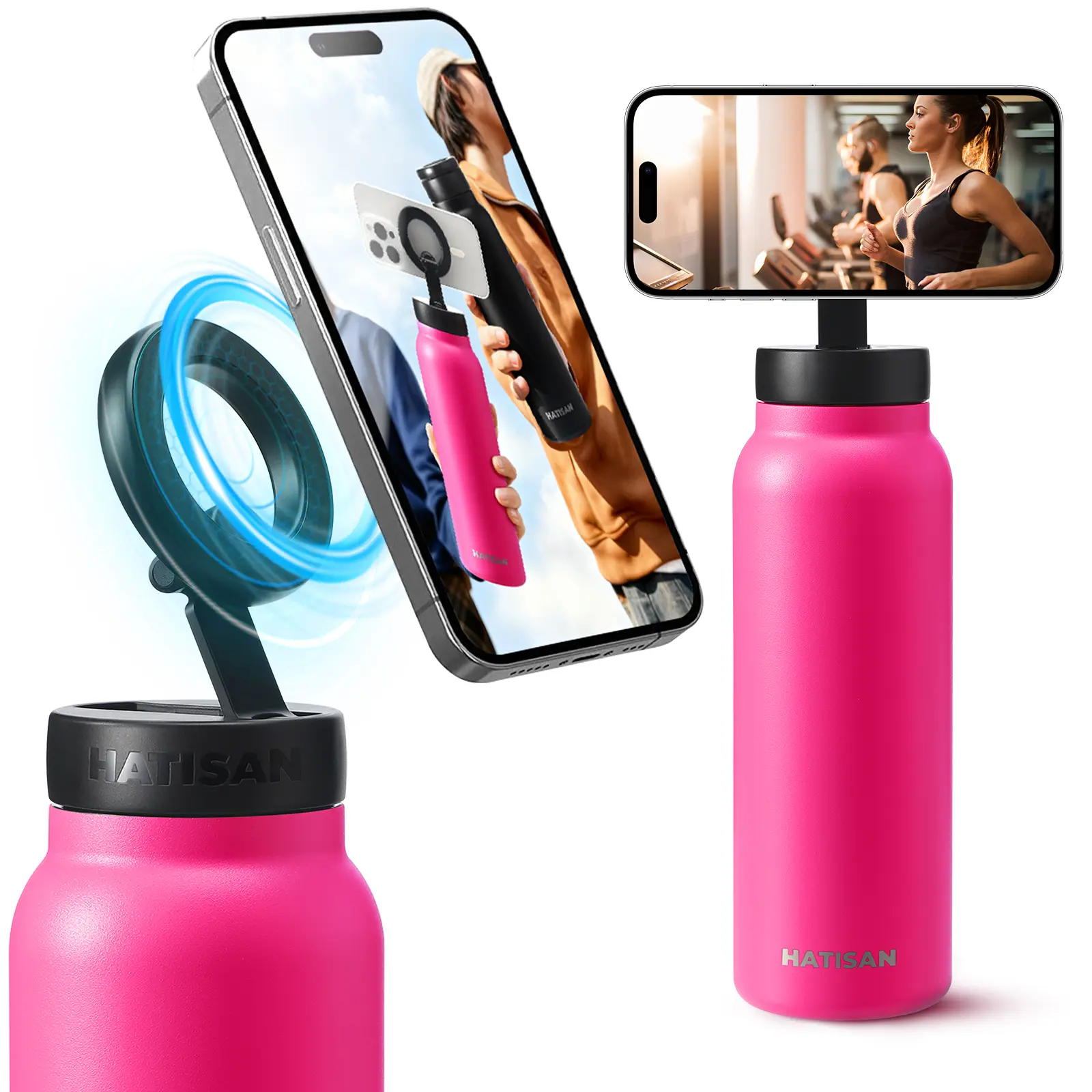 24oz Insulated Stainless Steel Reusable Magnetic Water Bottle for Adults - MagSafe-Compatible 360-Degree Rotating Magnetic Phone Ring Holder, Heat Resistant Vacuum Flask, Keeps Cold 12h, Hot Retention, Leakproof for Gym, Hiking