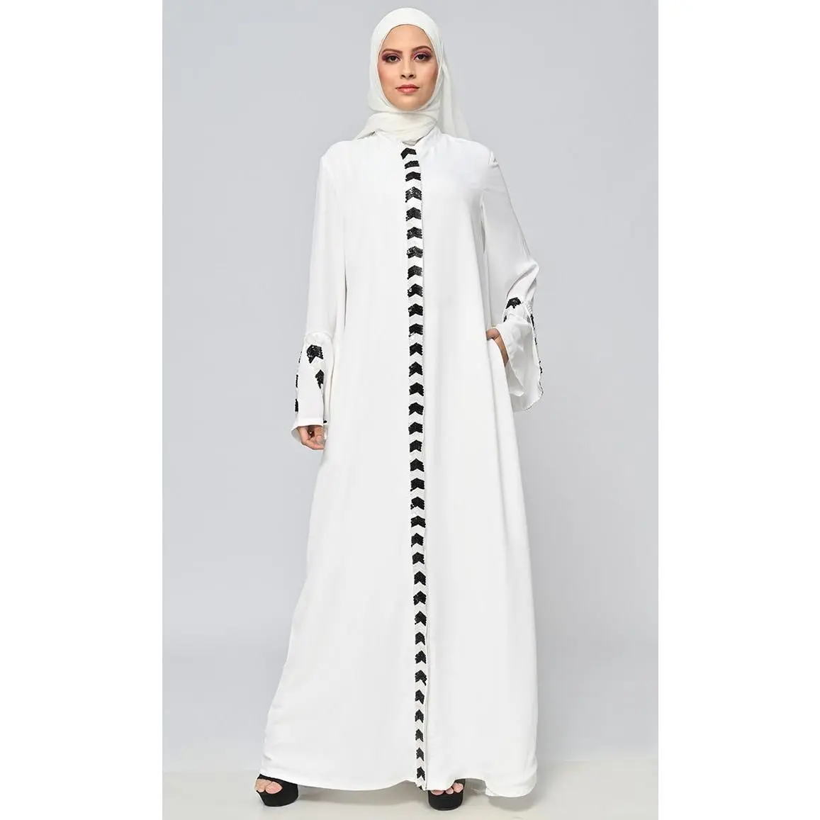 White Islamic Sequins Detailing Abaya