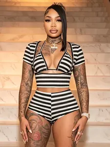 Women's Three-Piece Set Striped U-Neck Short Cardigan & Halter Top & High-Waisted Shorts, Trendy Aesthetic Colorblock Design, Perfect for Parties & Music Festivals