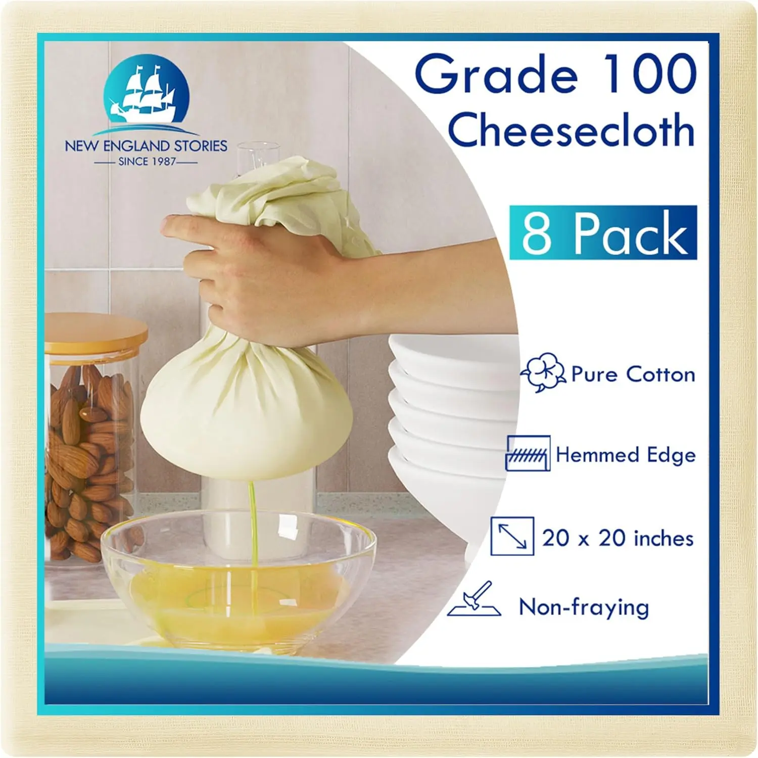 8 PCS Reusable Cheesecloth, Grade 100, 20x20 Inch Hemmed Cheese Cloth for Straining Craft, 100% Cotton Unbleached Cloth Strainer for Cooking, Baking, Juicing, Cheese Making