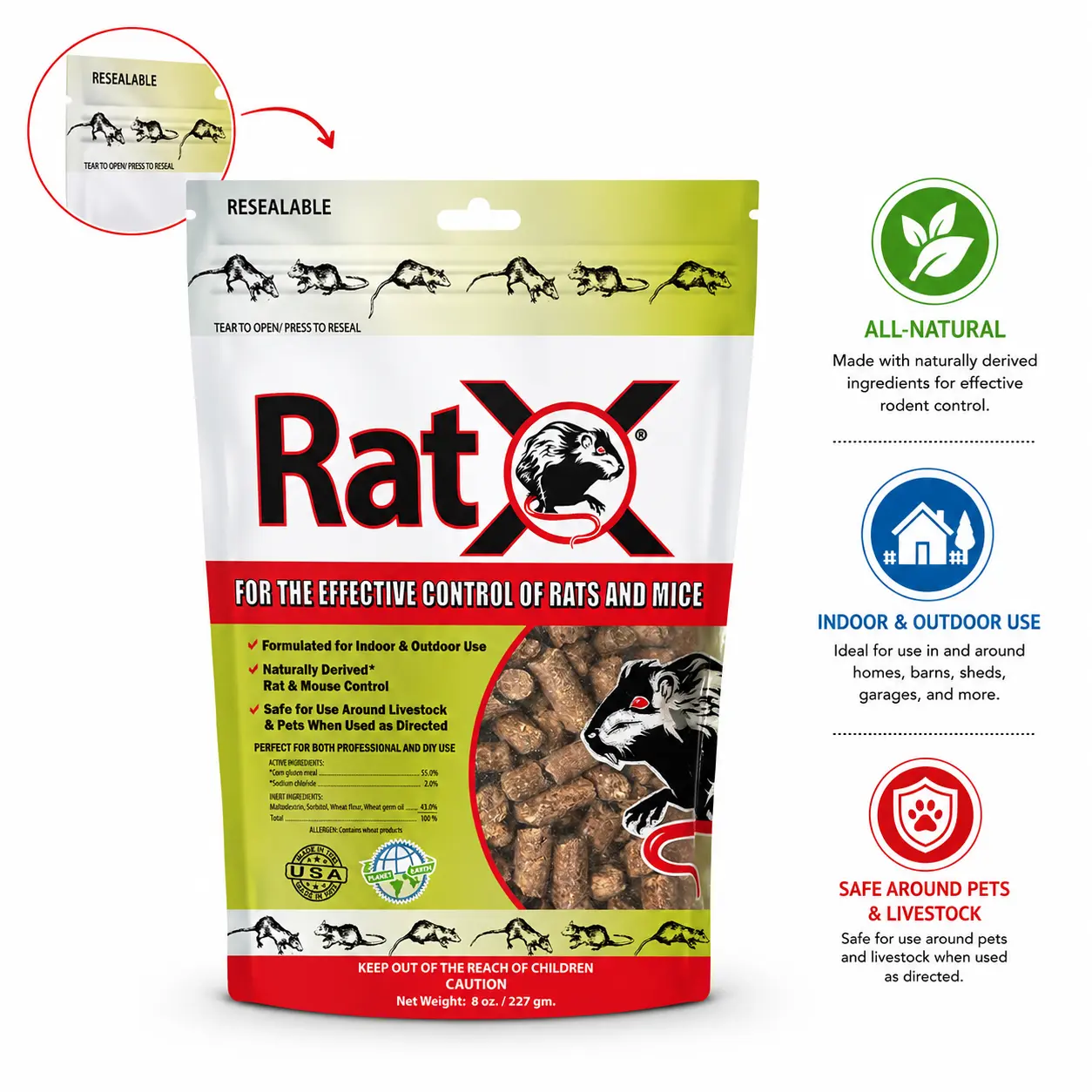 EcoClear Products 620100-6D RatX All-Natural Rodent-Control Pellets, EPA Minimum Risk, Indoor Use, Safe for All Wildlife, 8 oz. Bag