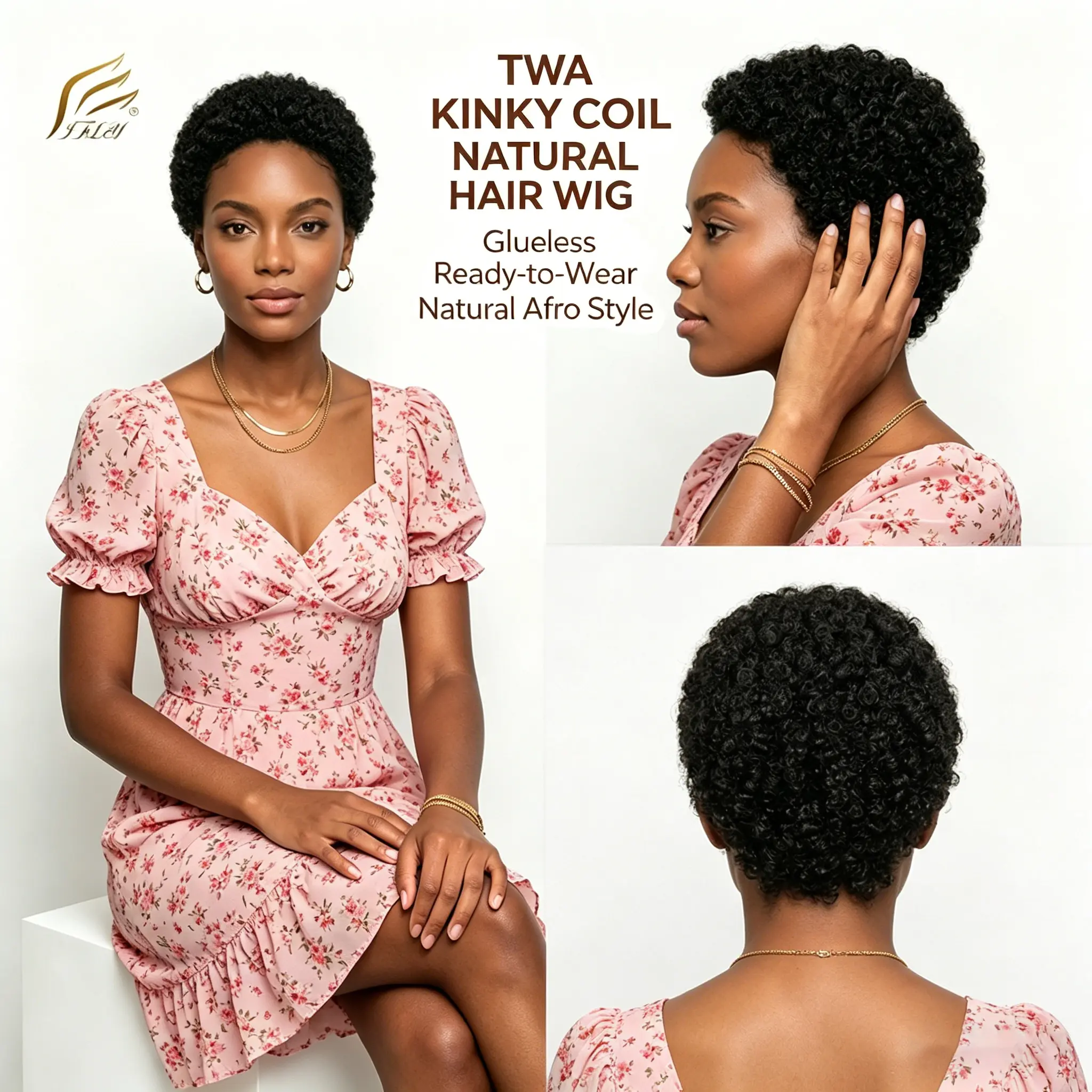 4 inch Short TWA Afro Kinky Curly Human Hair Wig, Glueless Wear and Go Natural Coil Wig For African American No Glue Wig Black Women Wigs