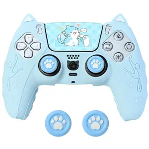 Cute Cat Ear Design Silicone Game Controller Protective Case with Thumb Grip Cap, Anti-slip Soft Game Controller Protector Cover for PS5