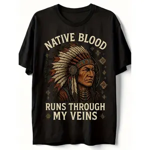 Native Blood Runs Through My Veins T-Shirt - Native American Pride Heritage Tee, 180GSM Pure Cotton Retro Cultural Shirt for Men & Women, Tribal Design for powwows, reservations & Indigenous Communities