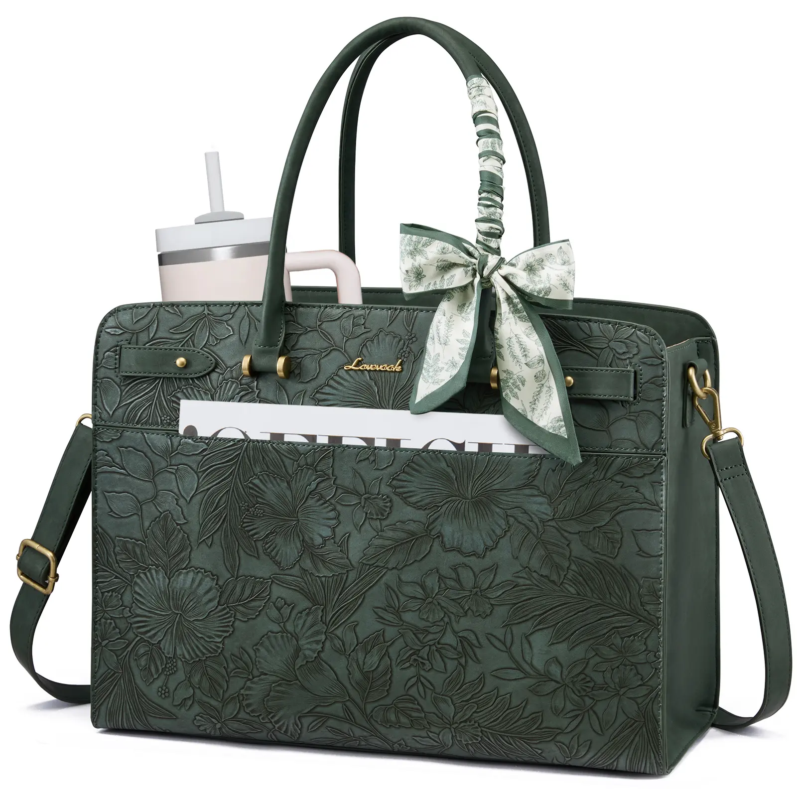 LOVEVOOK Laptop Tote Bag for Women, PU Leather Work Bag Waterproof Briefcase Handbag for Teacher Business with Silk Scarf