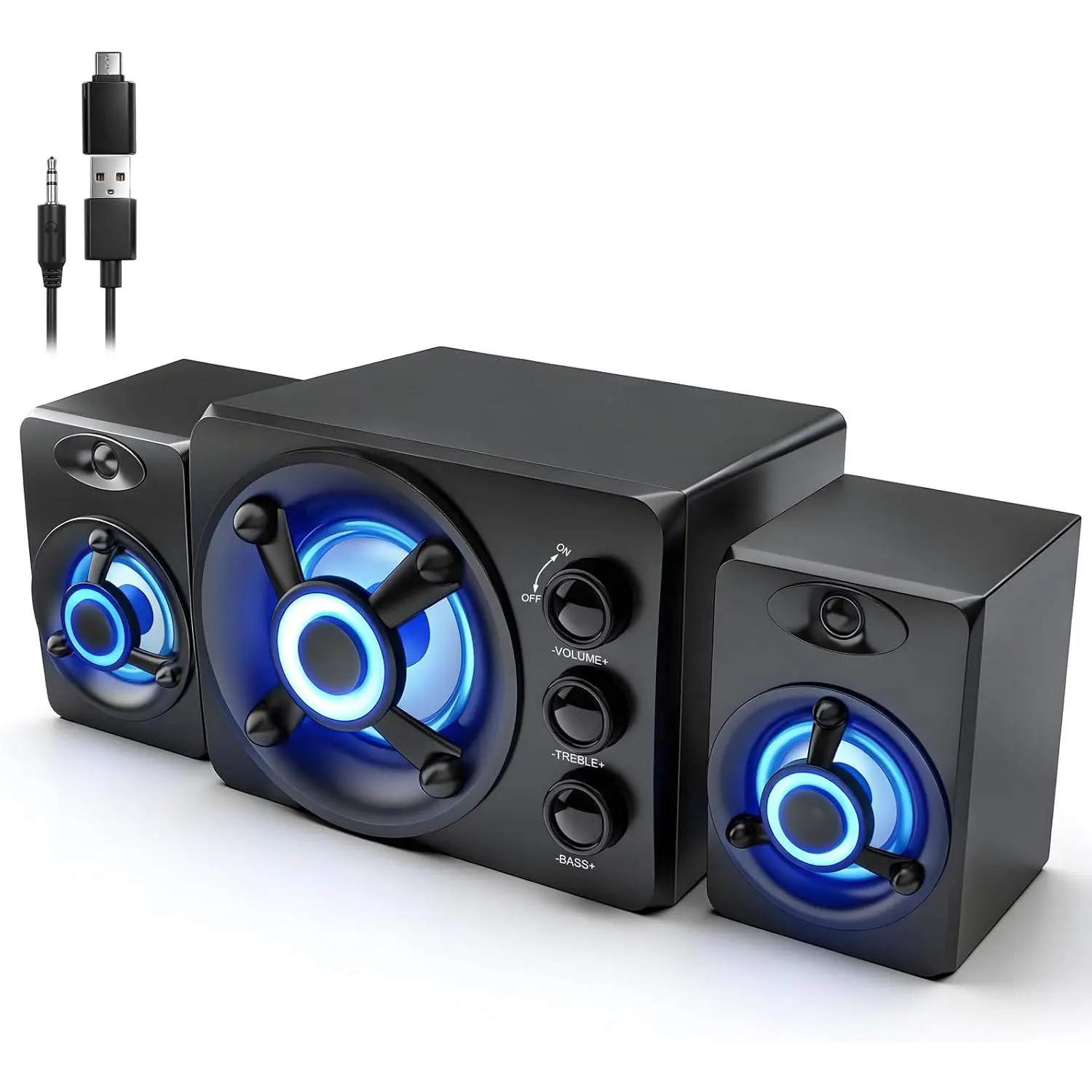 Wired Compact Computer Speakers with Subwoofer - Powerful Bass, RGB Gaming Soundbar, USB Type-C Powered, Aux Input, HiFi Audio System, Plug-and-Play, Black for PC Devices