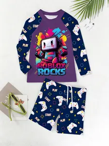 Boys' Roblox Theme Swimwear Set, Swim Shorts, Colorful Robot Print & Game Controller Full-Print Elements, Summer Beach Pool Play, Cool Water Gear