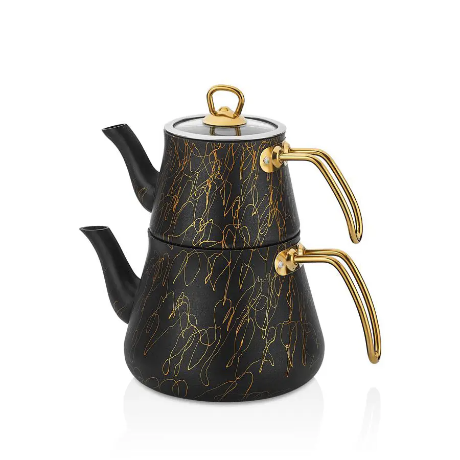 Hakan Black & Gold Avangarde Granite Teapot Set | Keeps Heat, Stovetop Safe, Stainless Steel Handle | Turkish Black Tea Pots with Gold Detail Design | 42.3 oz Tea Pot with Lid + 93 oz (Gold Handles)