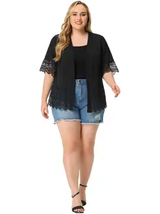 Agnes Orinda Summer Lace Shrug Plus Size 1/2 Sleeve Bohemian Bikini Cover Lace Kimono Cardigan
