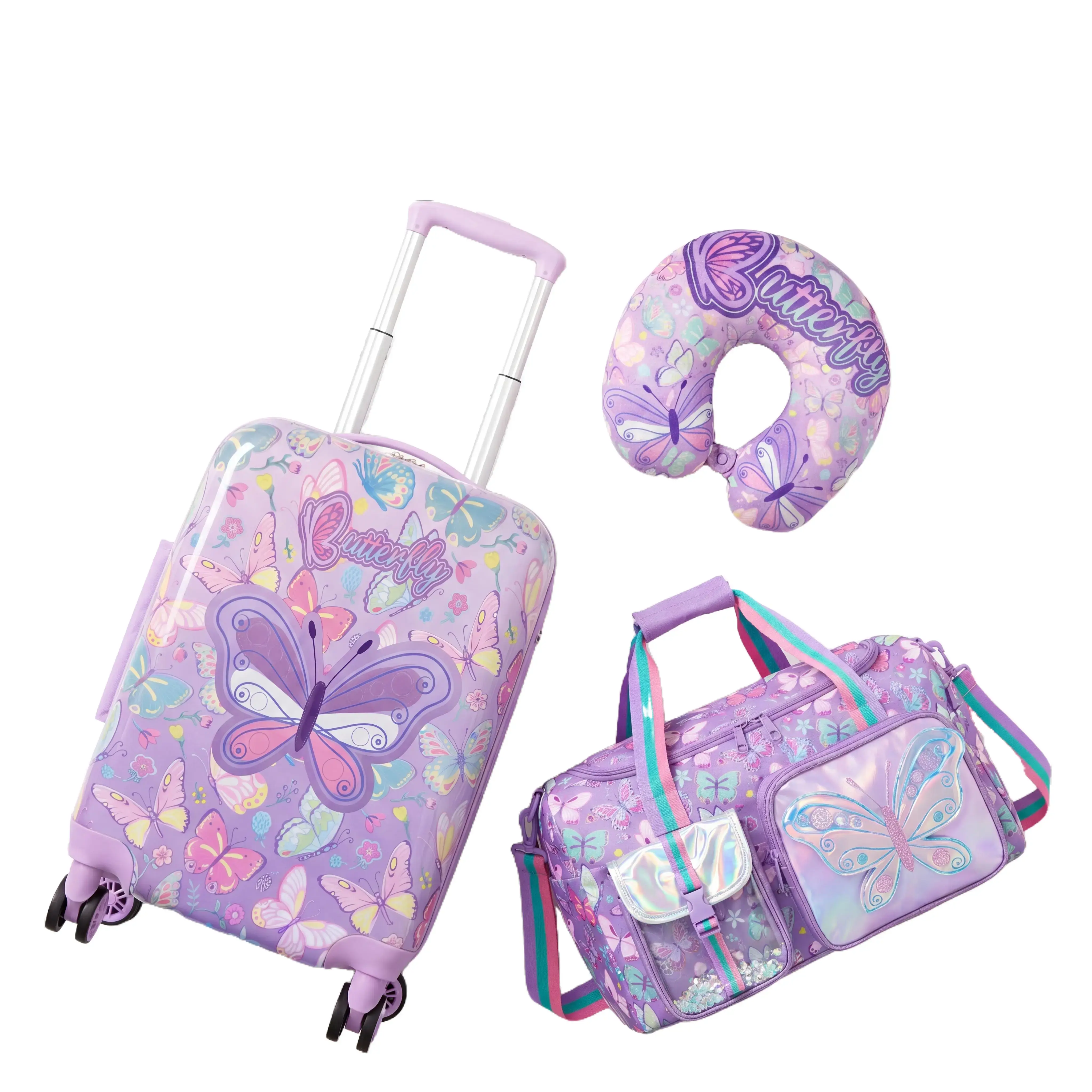 Girls' 3-Piece Cute Luggage Set with Butterfly Print, 18" Purple Hardside Carry-On with Spinner Wheels, Pack Bag & Neck Pillow, Duffle Bag, Zip, Luggage Tag, Travel Gear, Rolling Luggage Set